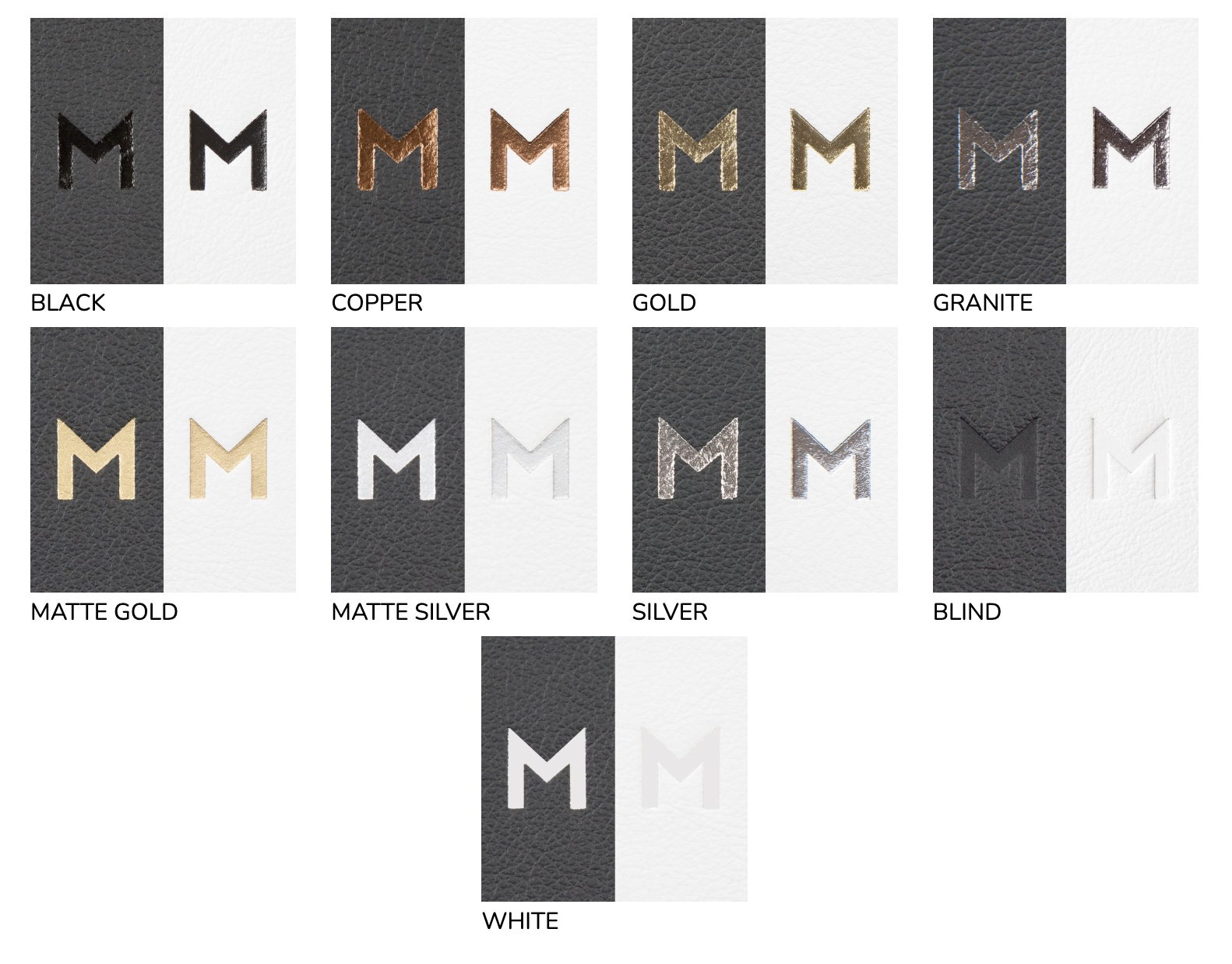 M monogram embossing samples in various colors and textures on black and white leather, including black, copper, gold, granite, matte gold, matte silver, silver, blind, and white.