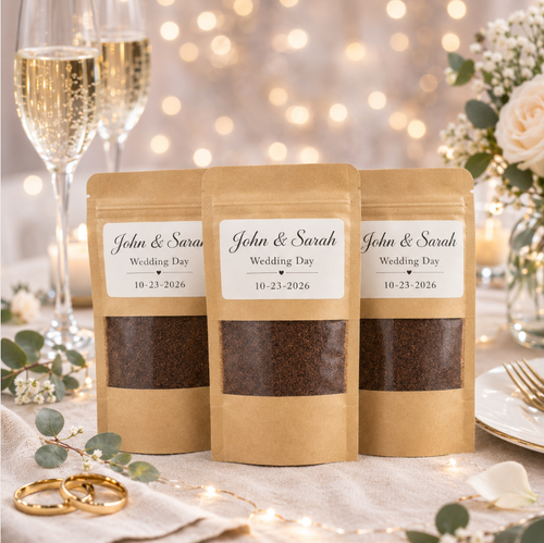 Wedding coffee favor sample packs displayed at reception
