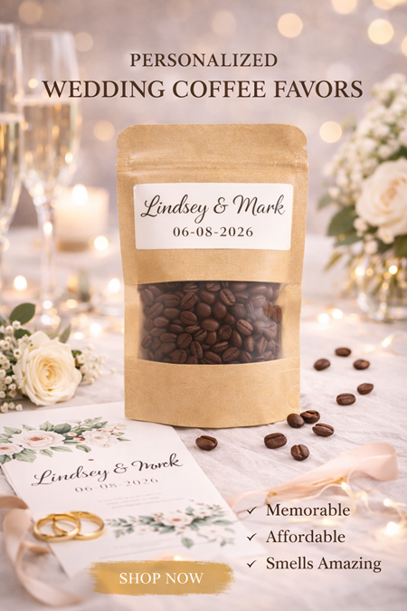 Wedding coffee favor sample packs displayed at reception