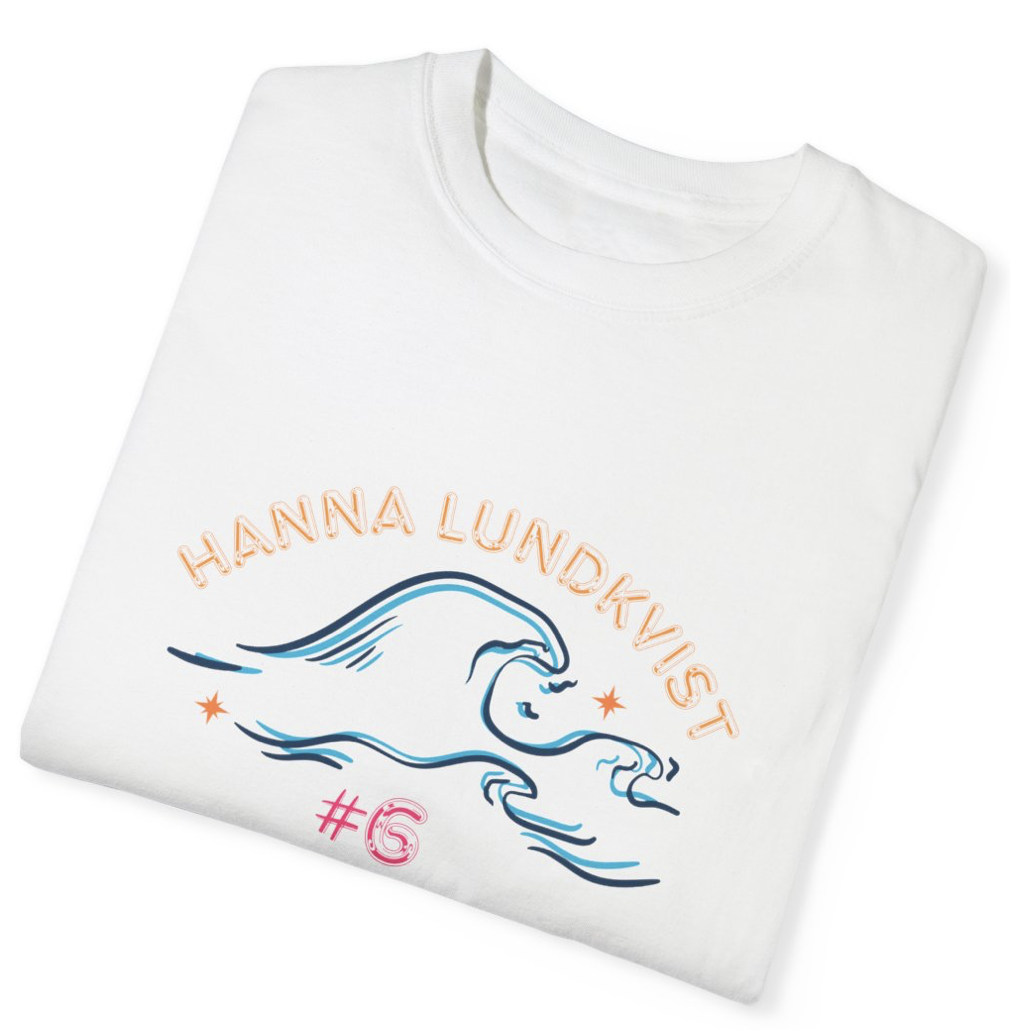 A white t-shirt featuring a stylized design with wavy blue lines and a star, along with the text "HANNA LUNDKVIST" and "#6" printed on it.