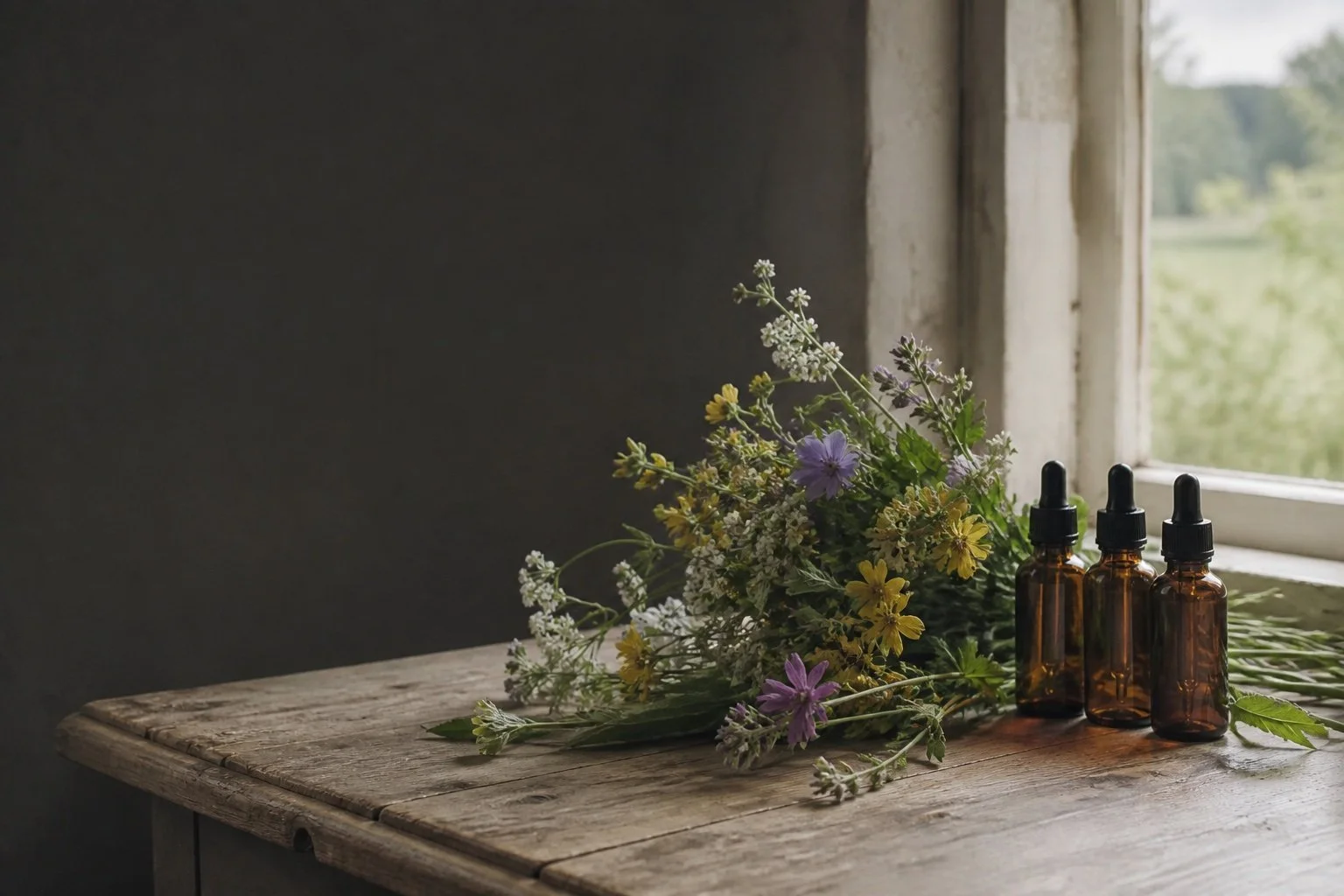 Flores silvestres junto a pequeños frascos de vidrio ámbar sin etiqueta