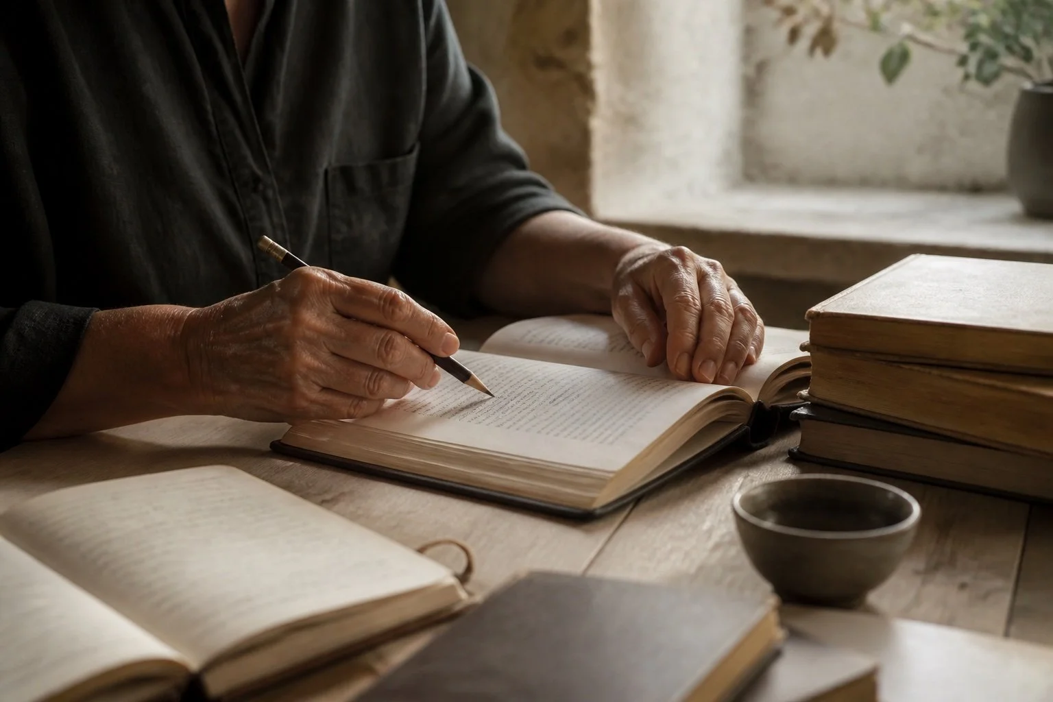 Manos maduras estudiando y subrayando un libro en una mesa de madera