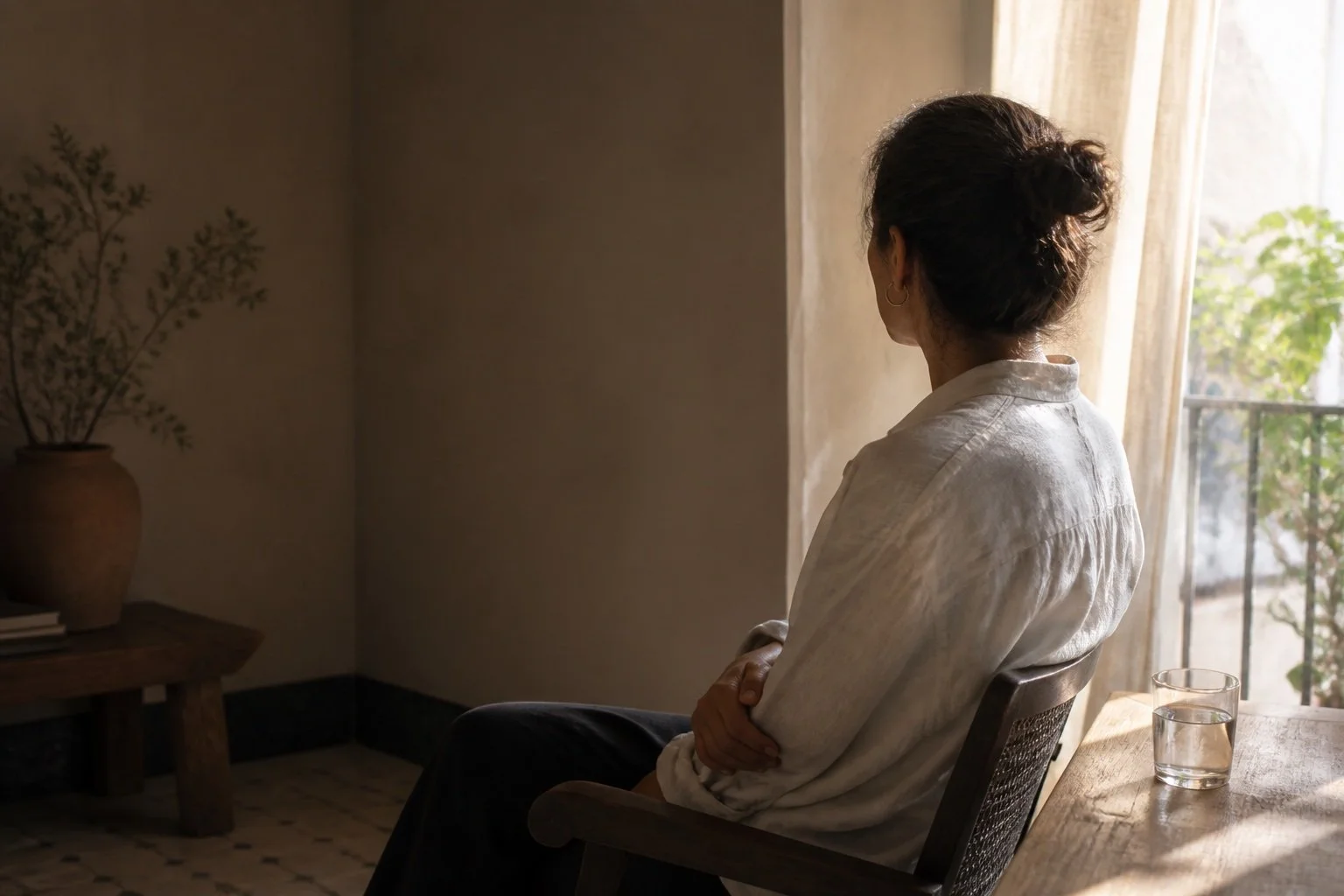 Persona sentada de espaldas en una habitación serena con luz de tarde