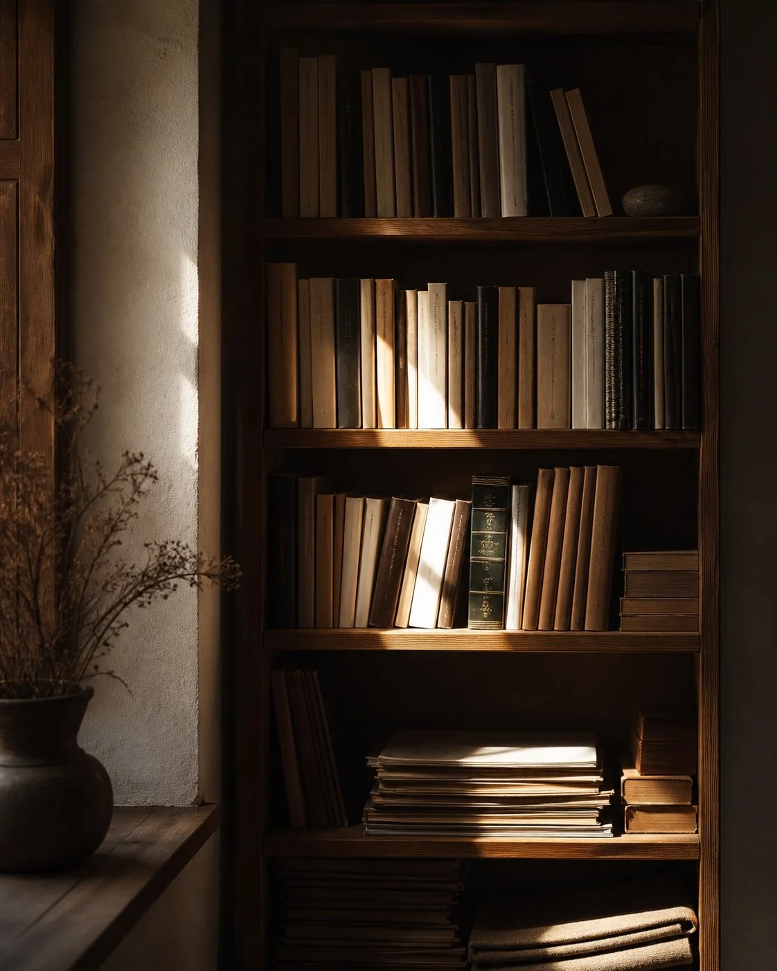 Estantería con libros y cuadernos iluminada por franjas de luz cálida