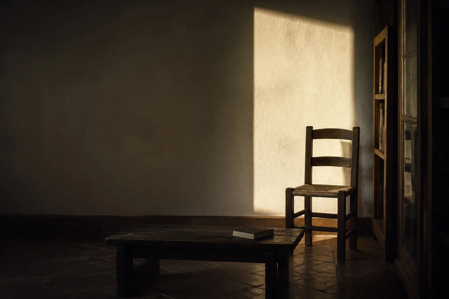 Silla de madera vacía en un espacio de silencio y luz centrada