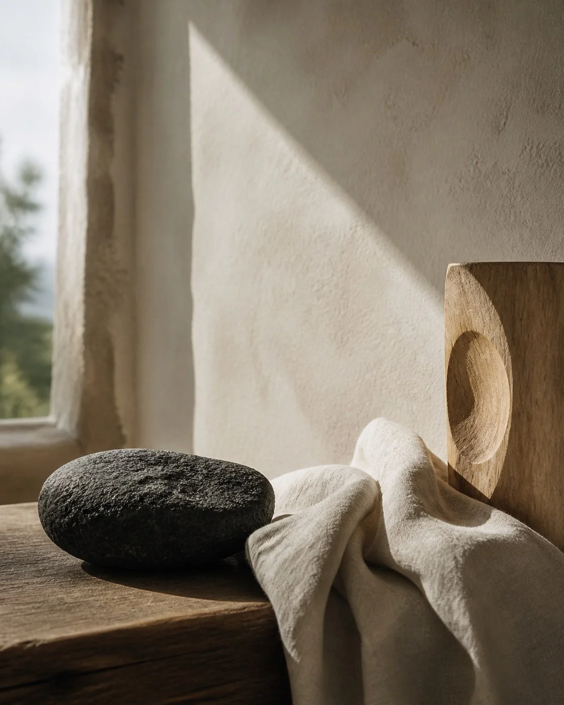 Piedra oscura, lino claro y madera reunidos en una composición equilibrada