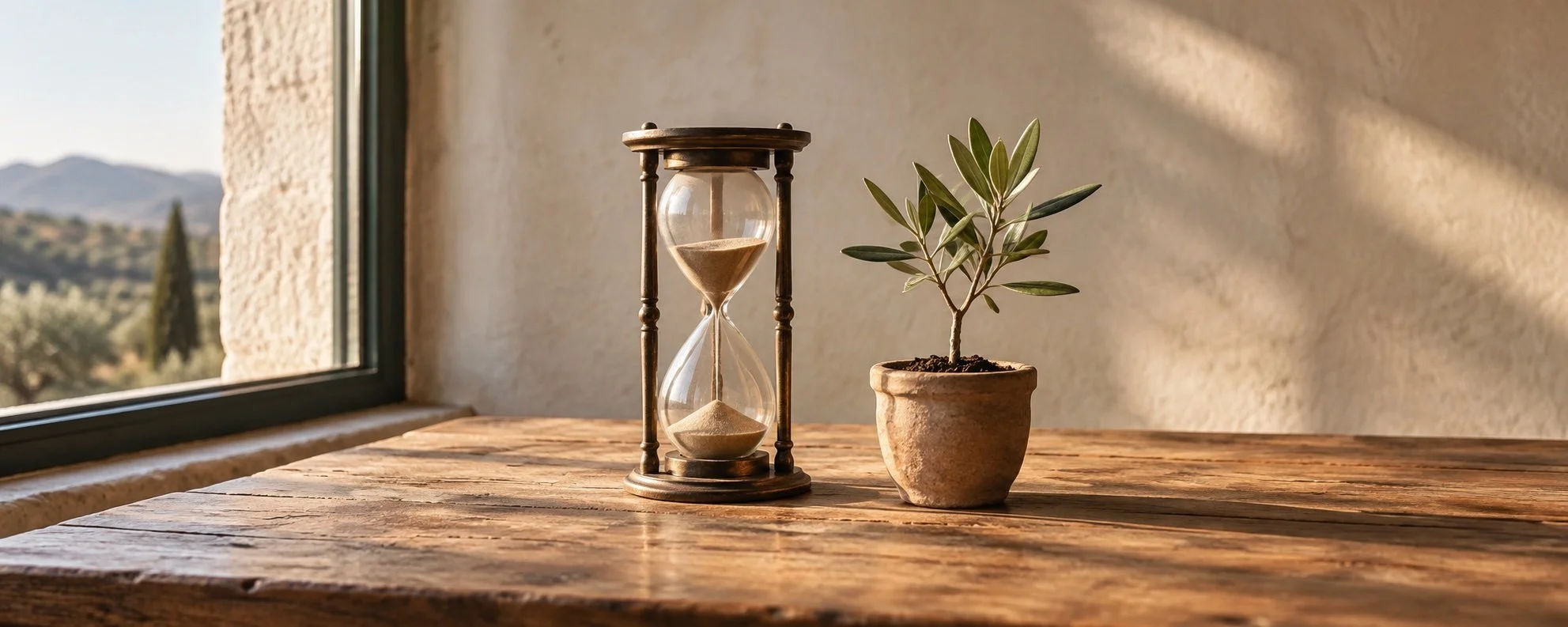 Reloj de arena junto a un olivo joven en una mesa de madera iluminada por la tarde.
