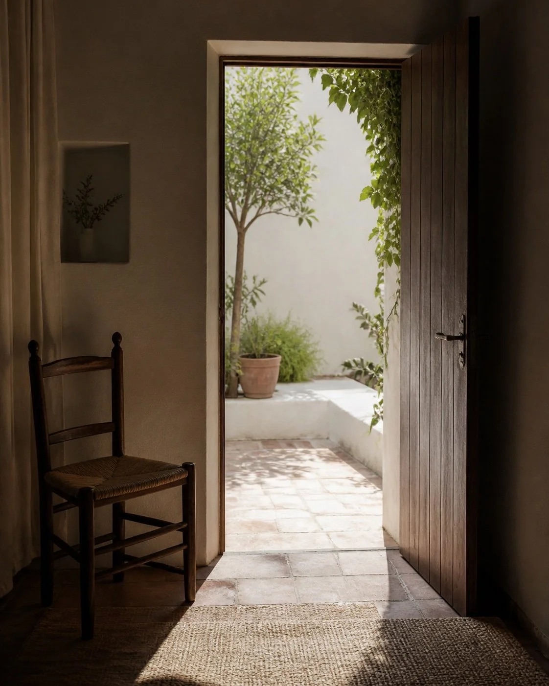 Puerta abierta desde una sala en sombra hacia un patio mediterráneo