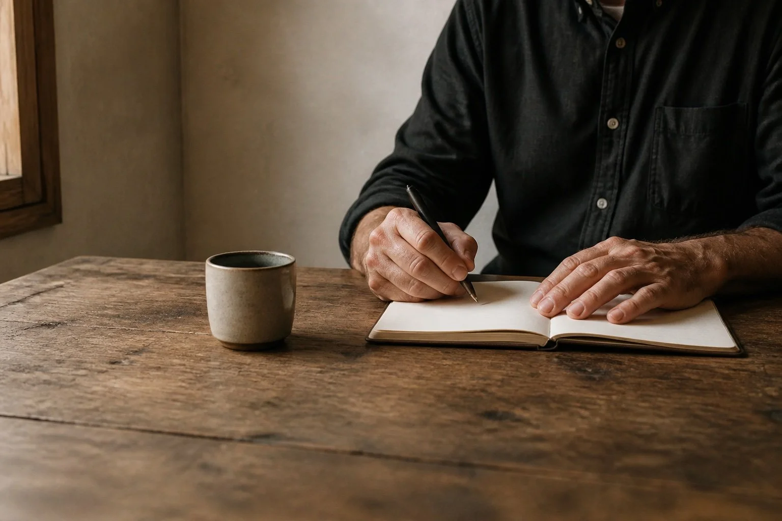 Manos de un terapeuta tomando notas en un cuaderno sobre una mesa de madera