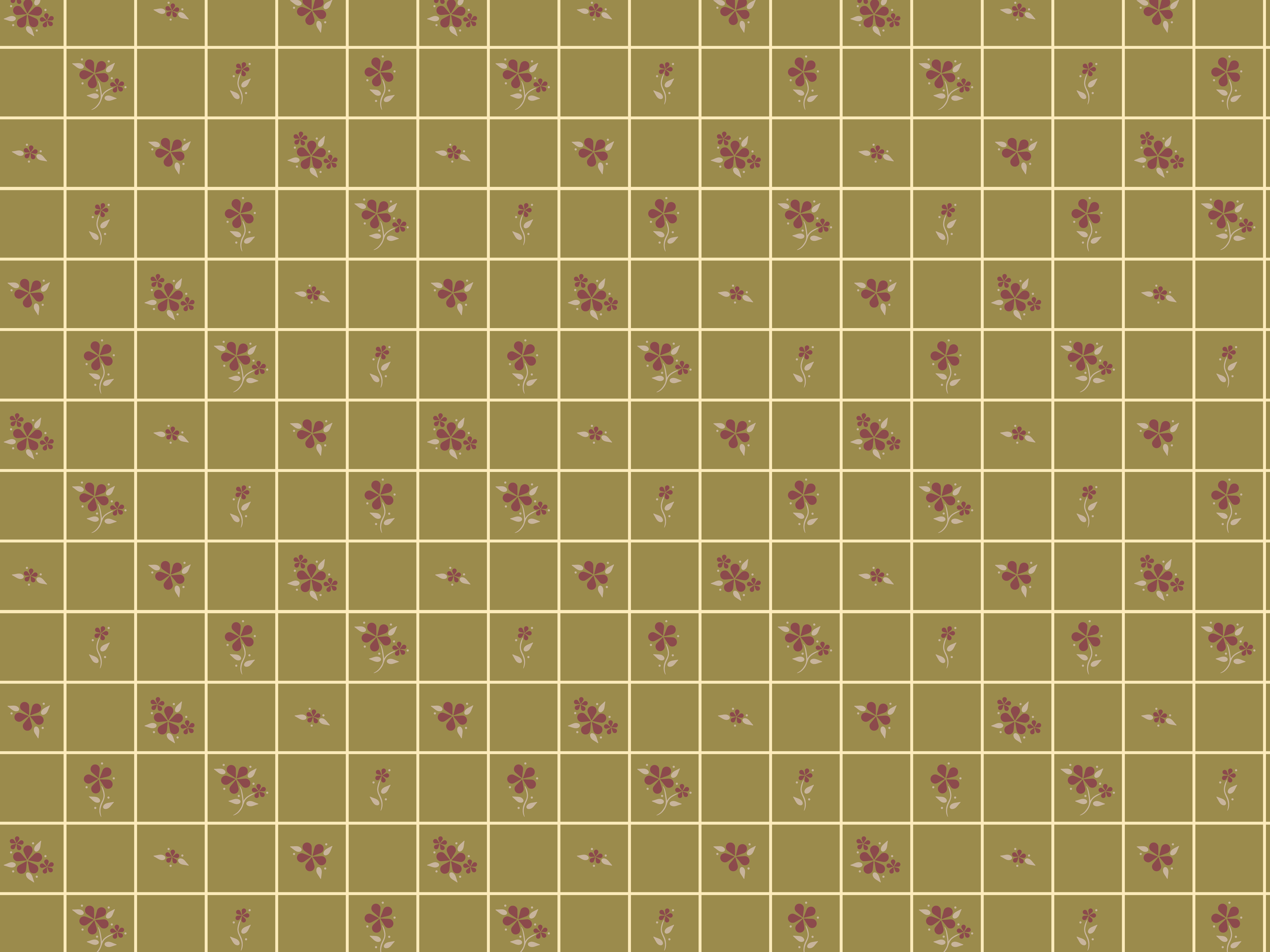 Country Retro Flower Checkered Pattern - Olive Green