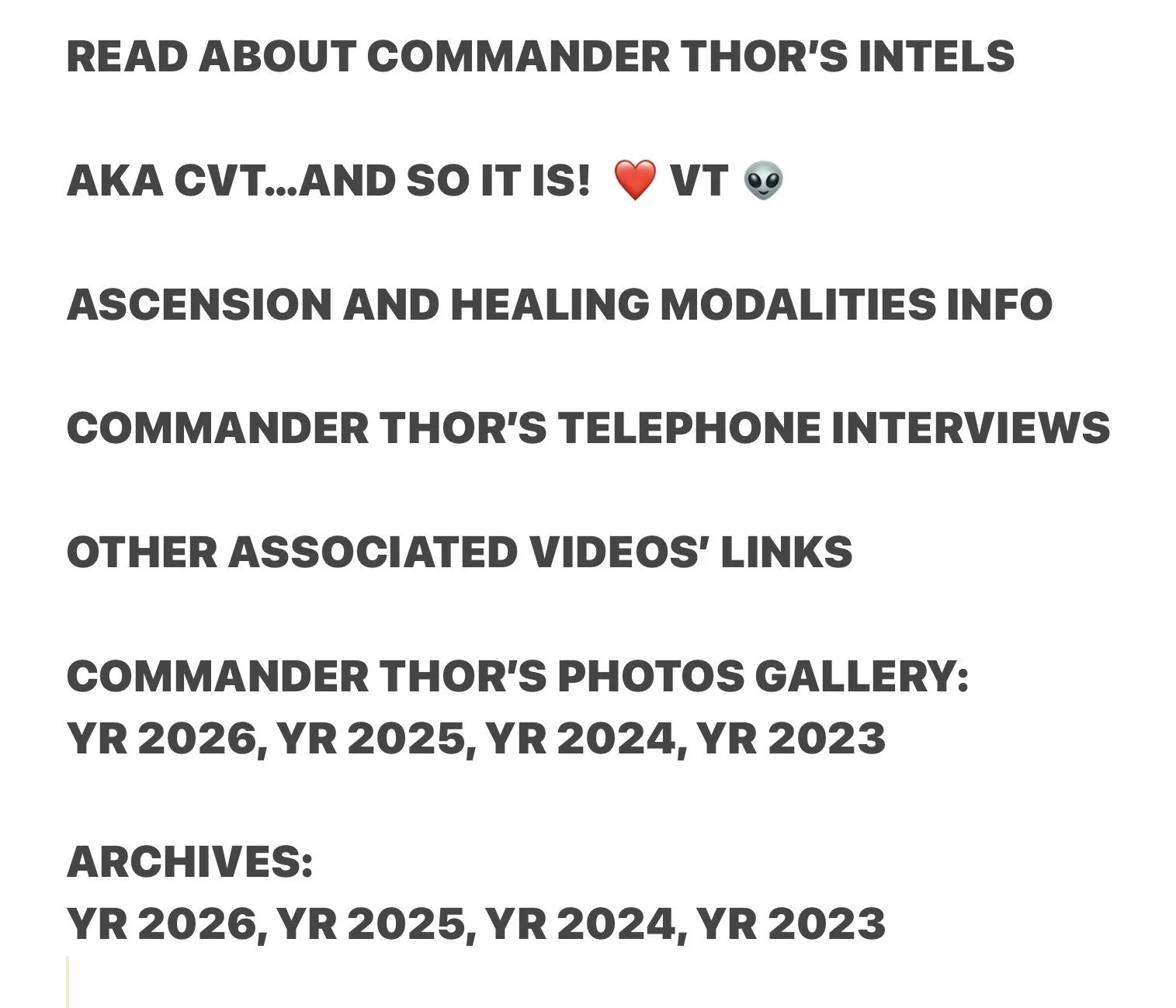 Text-based webpage menu or list with various categories and links, including titles related to Commander Thor's INTELS, CVT, ascension, healing, interviews, videos, photos gallery, and archives from years 2023 to 2026.