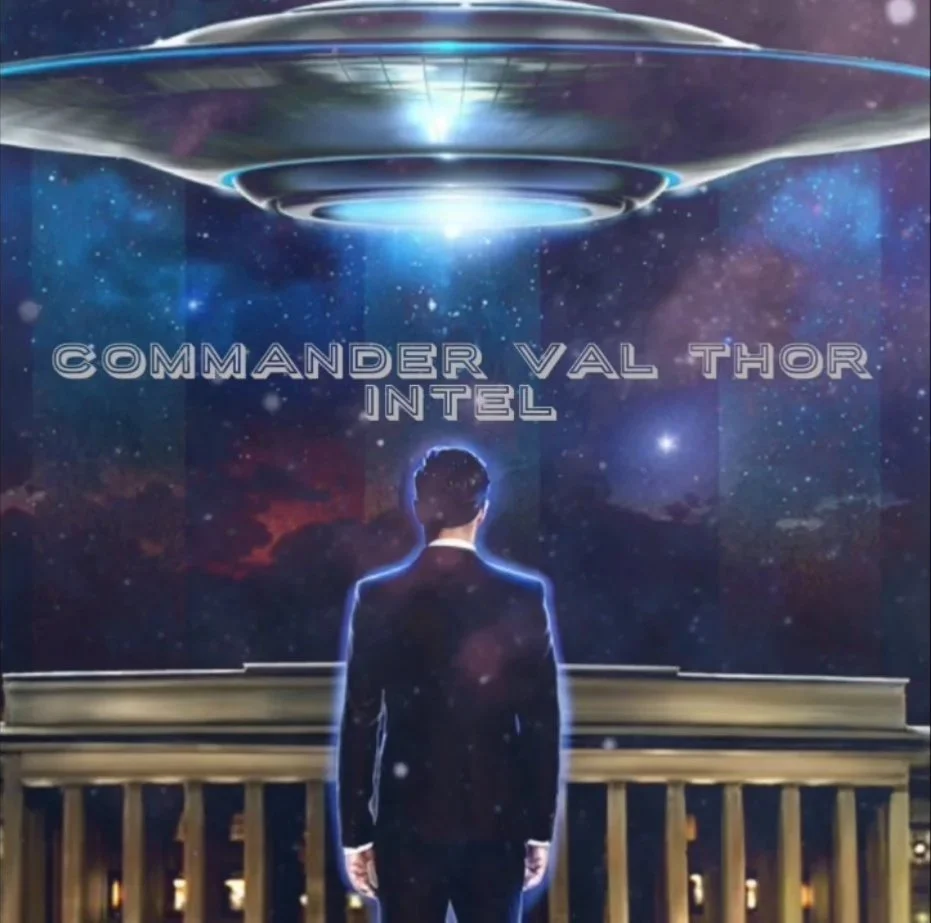 A man in a suit looking at a space-themed display with a UFO and stars, titled 'Commander Val Thor Intel'.
