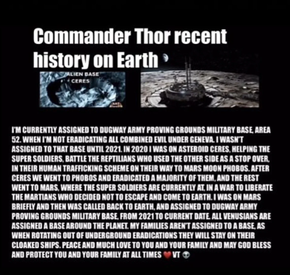 Text-heavy image with two small pictures, one of an alien base on the moon and another of a lunar landing site. The text discusses recent history involving military bases, asteroid Ceres, Mars, and extraterrestrial activities.