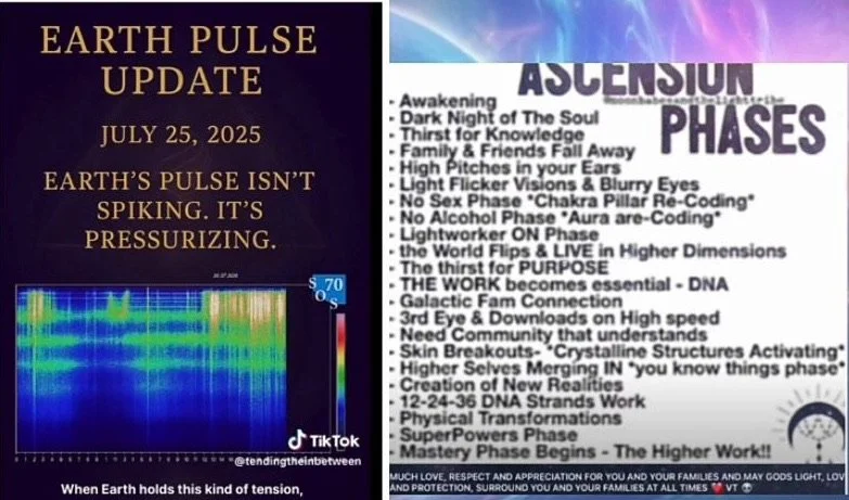 A digital poster showing a 'Earth Pulse Update' for July 25, 2025, claiming Earth's pulse isn't spiking but pressurizing. It includes a colorful spectral graph, and a list of ascension phases and spiritual concepts, with some phrases about awakening, higher frequencies, and DNA. The background is dark with vibrant colors.