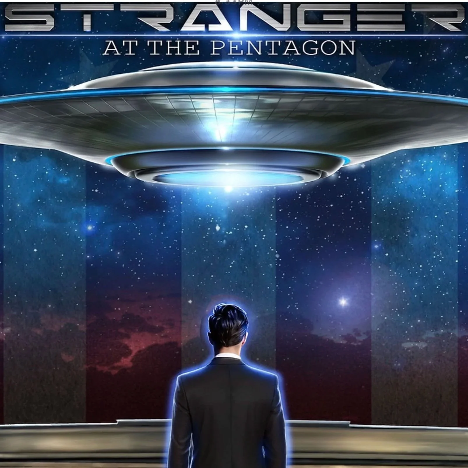 A person with dark hair in a suit stands on a balcony, looking up at a large, classic flying saucer hovering in space amidst stars.