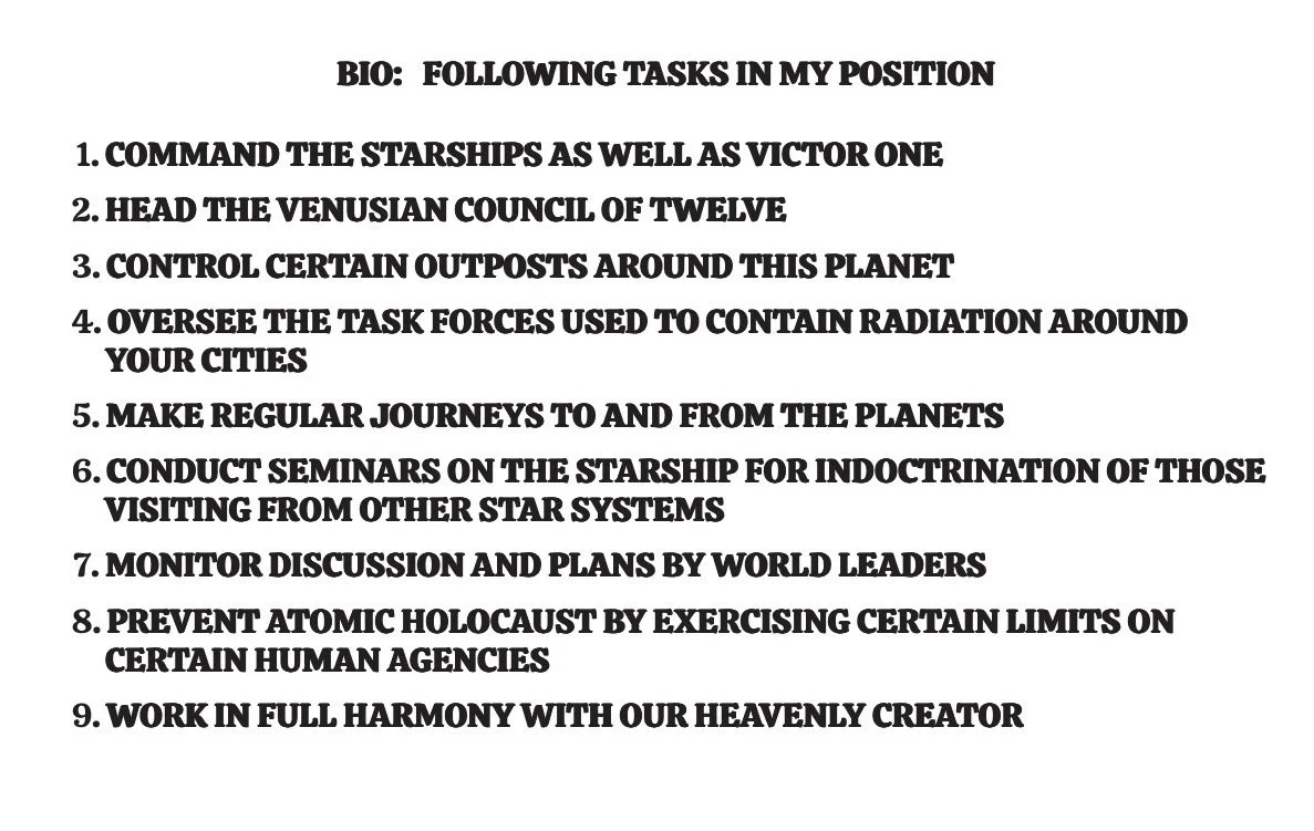 A typed list titled "Bio: Following Tasks in My Position" with nine numbered tasks related to commanding starships, overseeing planetary defenses, conducting seminars, monitoring discussions, preventing atomic Holocaust, and working in harmony with a Creator.