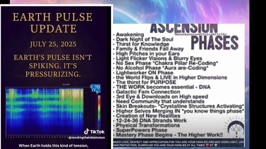 A digital display of an Earth Pulse Update dated July 25, 2025, with a list of ascension phase characteristics and a digital sound or wave visualization. The background features aurora-like lights.