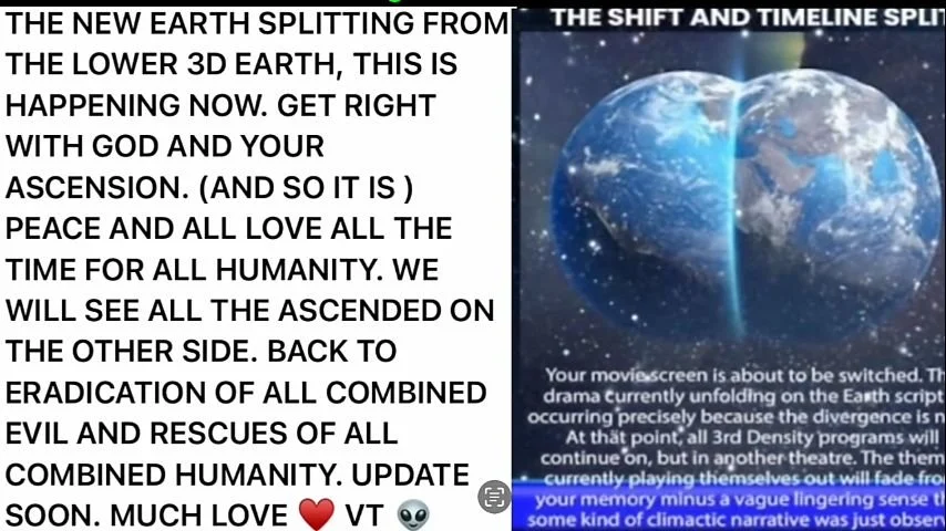 Image features a visual of Earth split into two halves, with space and stars in the background. The image includes a block of text discussing Earth's transformation, spiritual themes, and an update about a movie screen change, with a small disclaimer about the movie and Earth's drama.