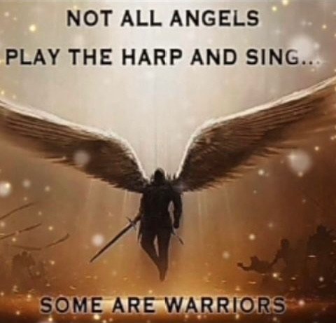A dark figure with large angel wings and a sword, standing in a golden, glowing background with sparkles, accompanied by the quote "Not all angels play the harp and sing... some are warriors."