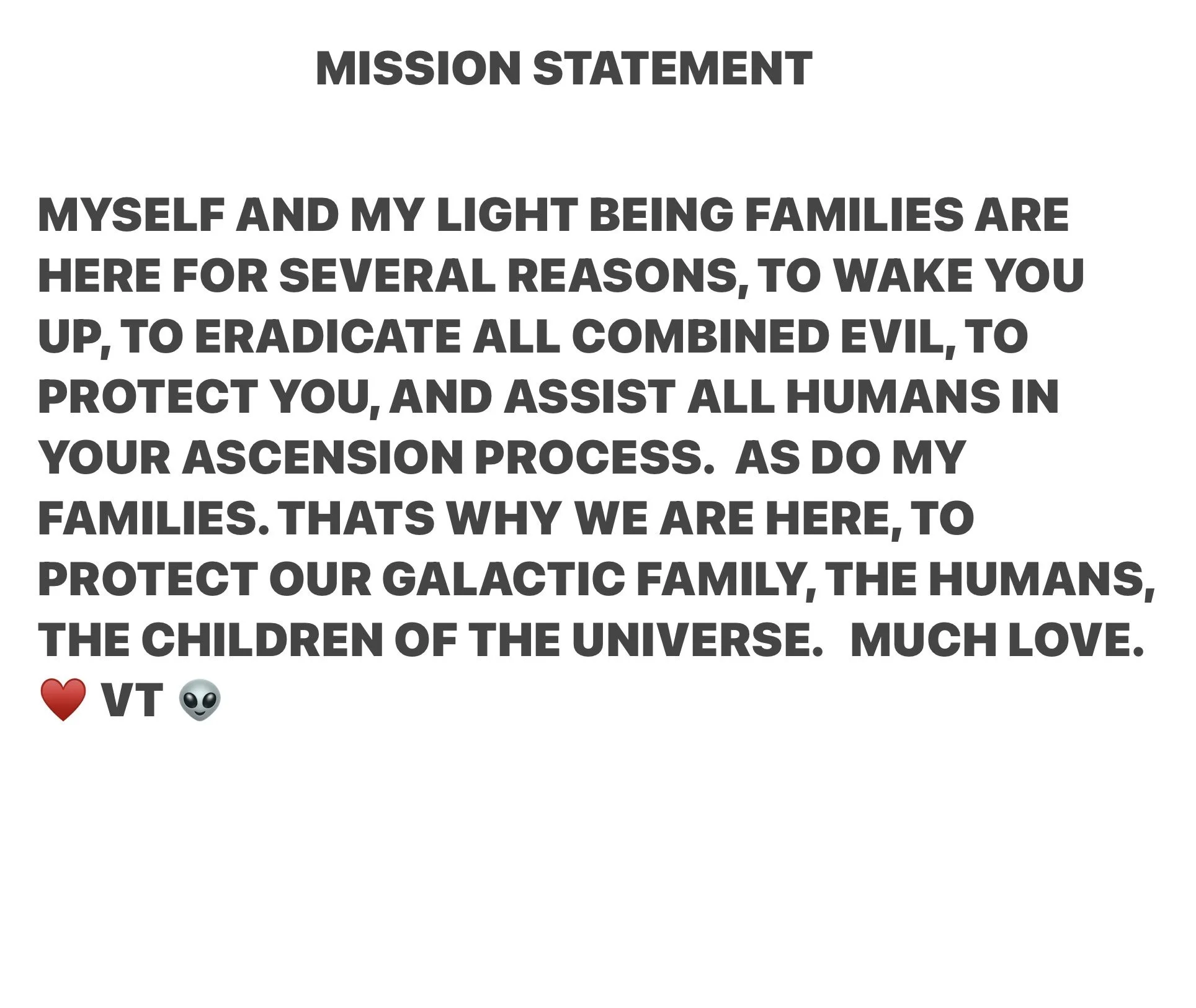 A screenshot of a mission statement text discussing families, protection, and the universe, ending with emojis of a red heart, a VT, and an alien face.