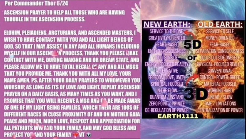 A spiritual message against ascending and awakening, featuring a prayer, with references to different earth stages 'Old Earth' and 'New Earth'. Includes elements about 5D, 3D, and Earth 1111, with vibrant cosmic imagery, flames, and a mixture of spiritual concepts and affirmations.