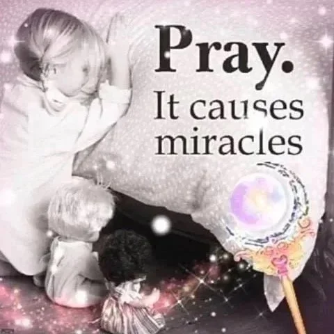 A young girl kneeling and praying in front of a pillow with the text 'Pray. It causes miracles' surrounded by sparkles and a glowing magic wand.