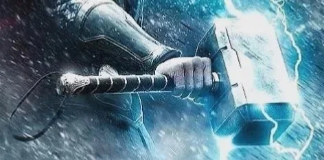 A character wielding a hammer surrounded by lightning and rain, in a stormy environment.