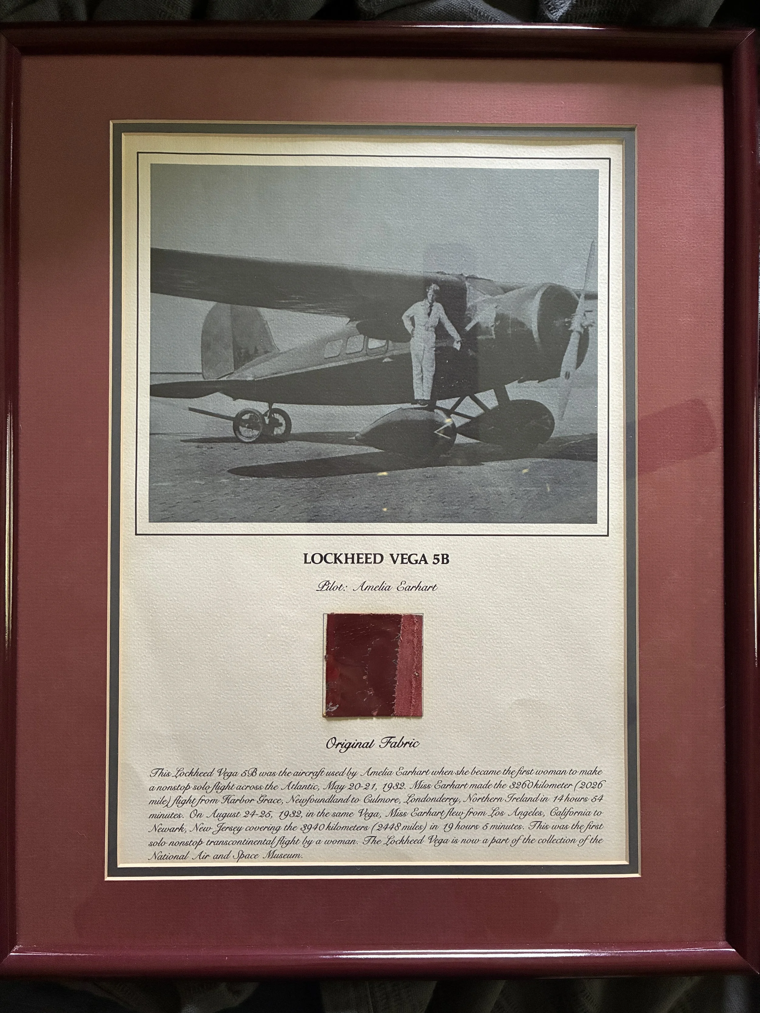 Amelia Earhart Lockheed Vega 5B – Original Aircraft Fabric Display