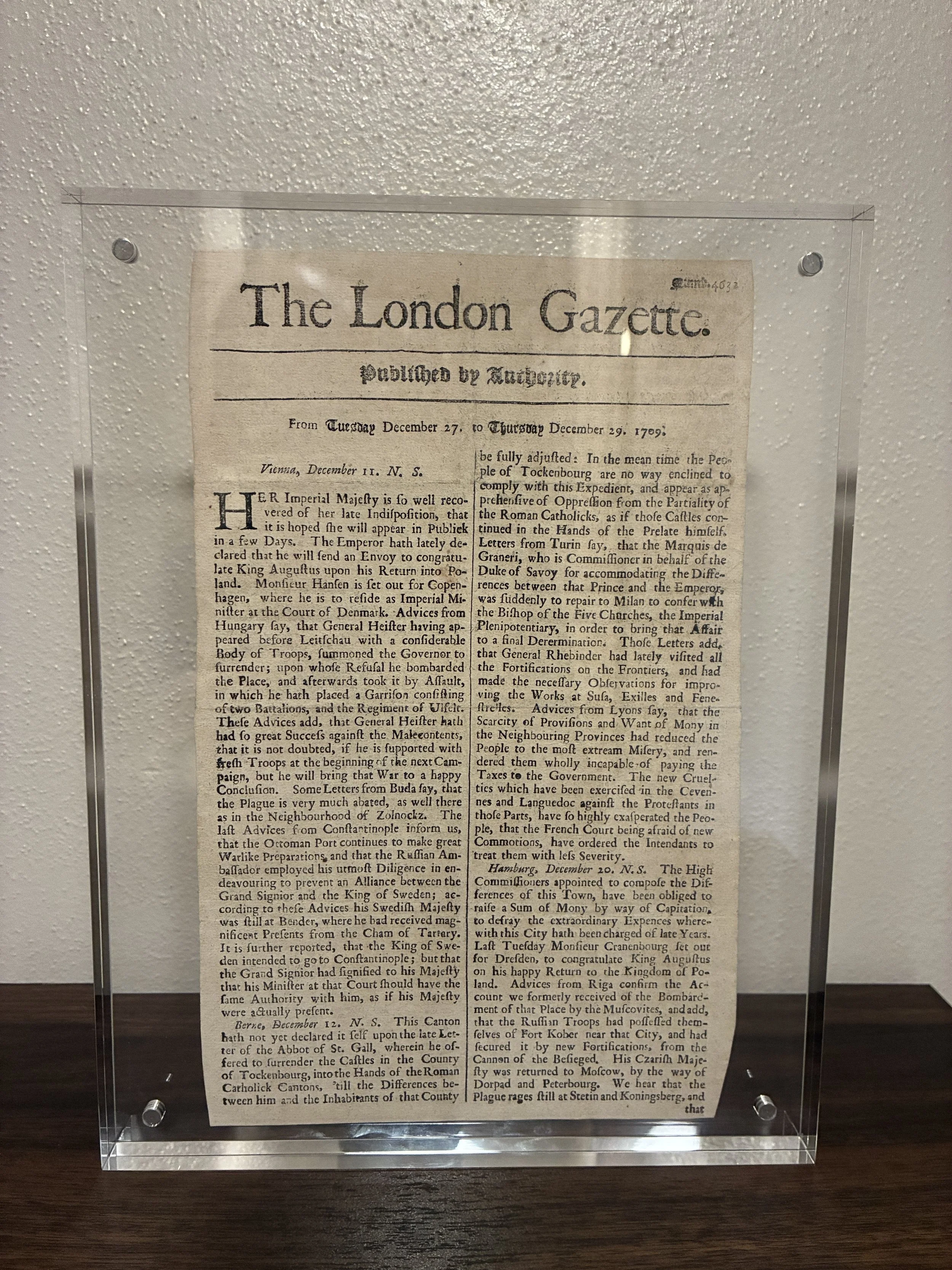 The London Gazette Front Page - December 27 - 29, 1709