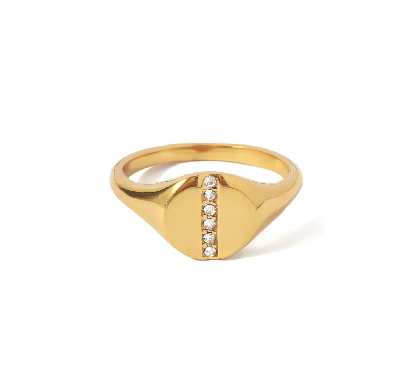 Gold signet ring with vertical row of gemstones