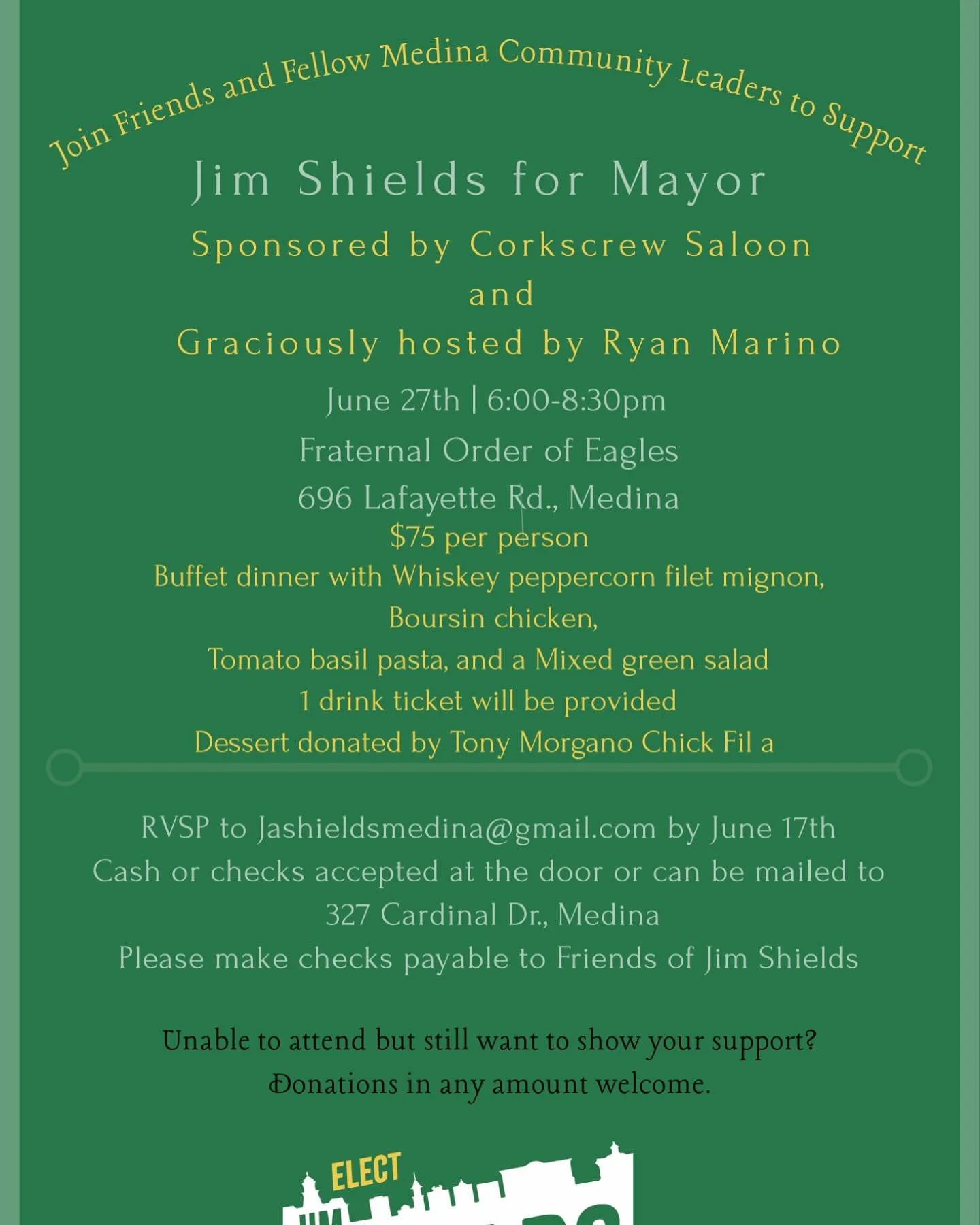So many of you have asked how to help with the campaign, so I&rsquo;d like to invite you to join me on June 27th for an amazing meal, some great music, and raffle baskets! 

Email RSVP to jashieldsmedina@gmail.com