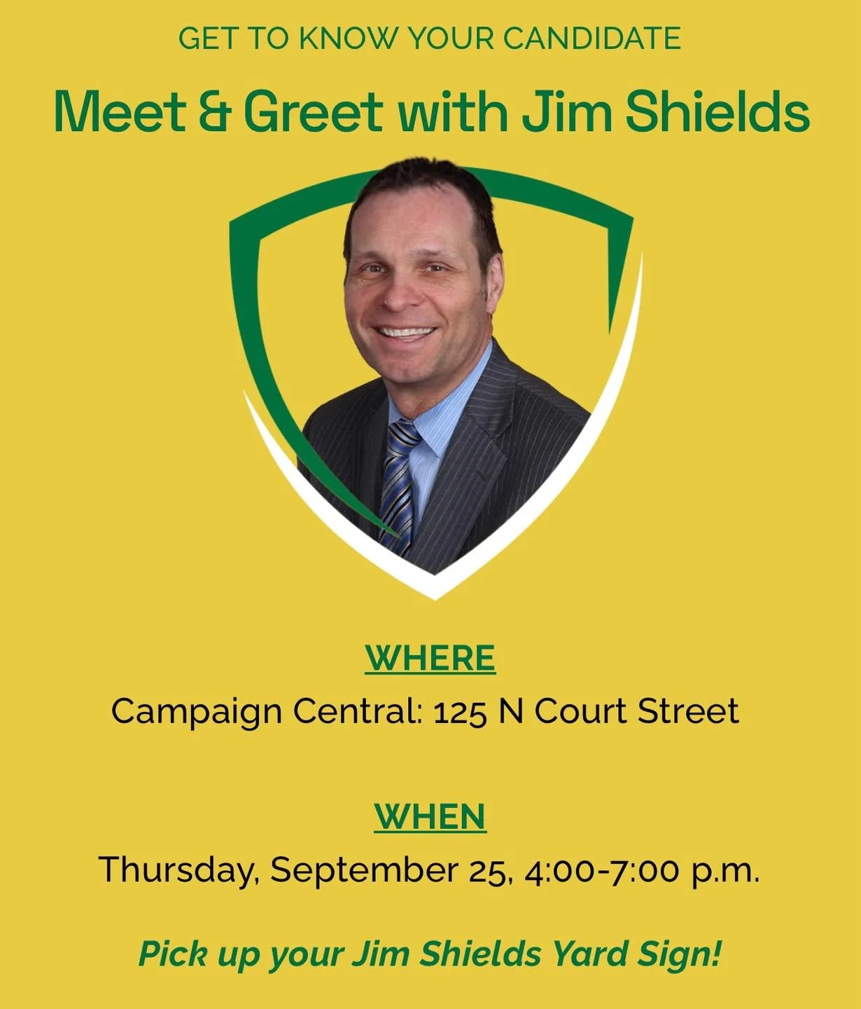 Make plans to join me! Pick up a Jim Shields yard sign, enjoy some snacks, and get to know me and what I stand for! 

It&rsquo;s best to park in the City Hall Parking Garage to allow plenty of room for all!