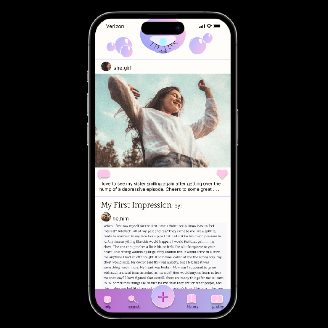Smartphone screen displaying a social media post with a young woman smiling outdoors under a blue sky. The post caption mentions her sister and overcoming a depressive episode. The interface has purple icons and stickers, including a heart and speech bubble.