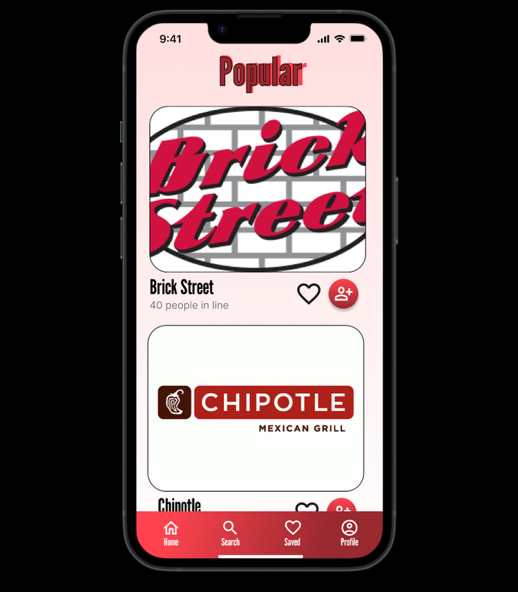 Smartphone screen showing a food app with a popular brick-and-mortar sign, a Chipotle restaurant logo, and a bottom navigation menu with Home, Search, Saved, and Profile icons.