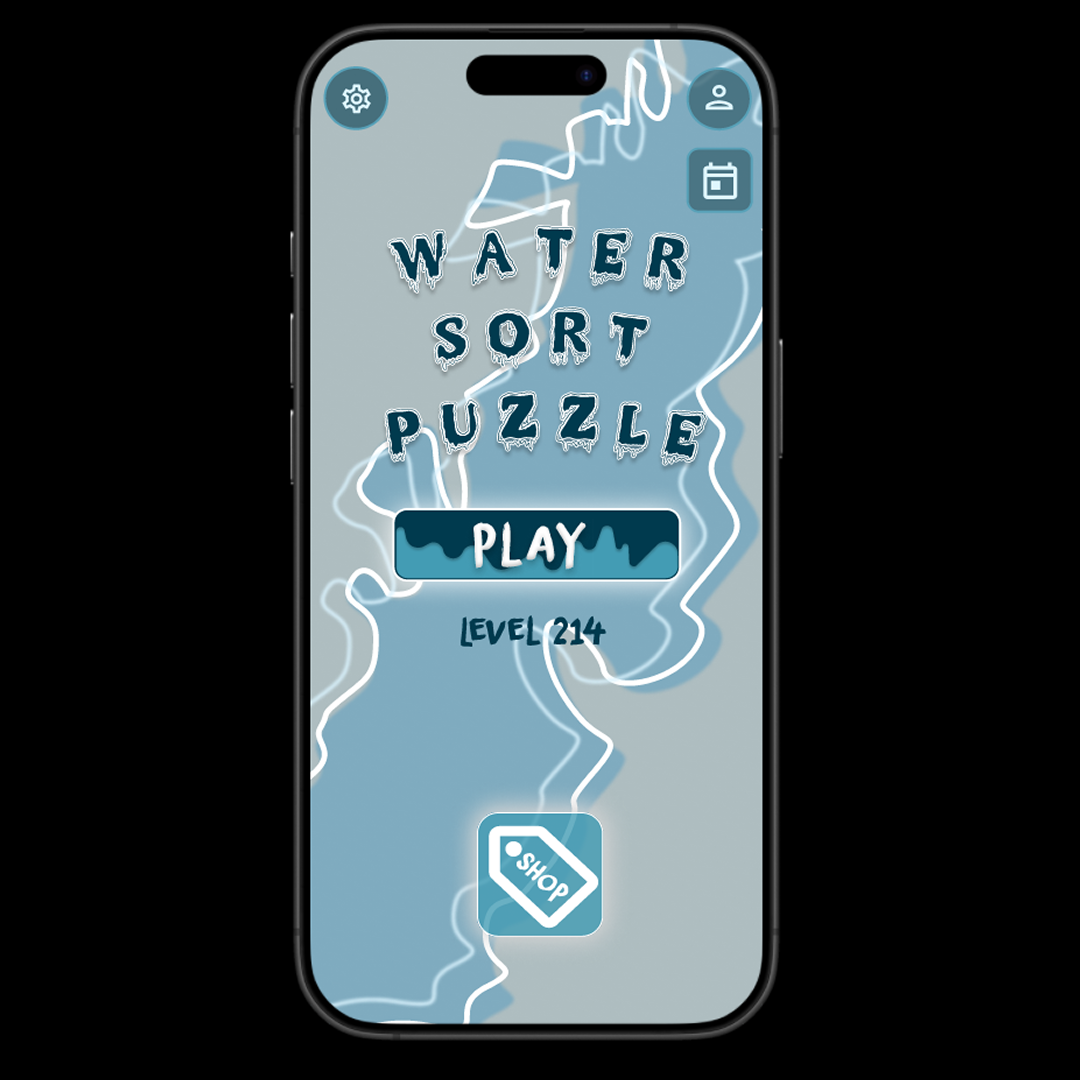 Mobile game screen titled "Water Sort Puzzle" with a blue-themed map background, a "Play" button, level 214 displayed, and icons for settings, profile, and shop.