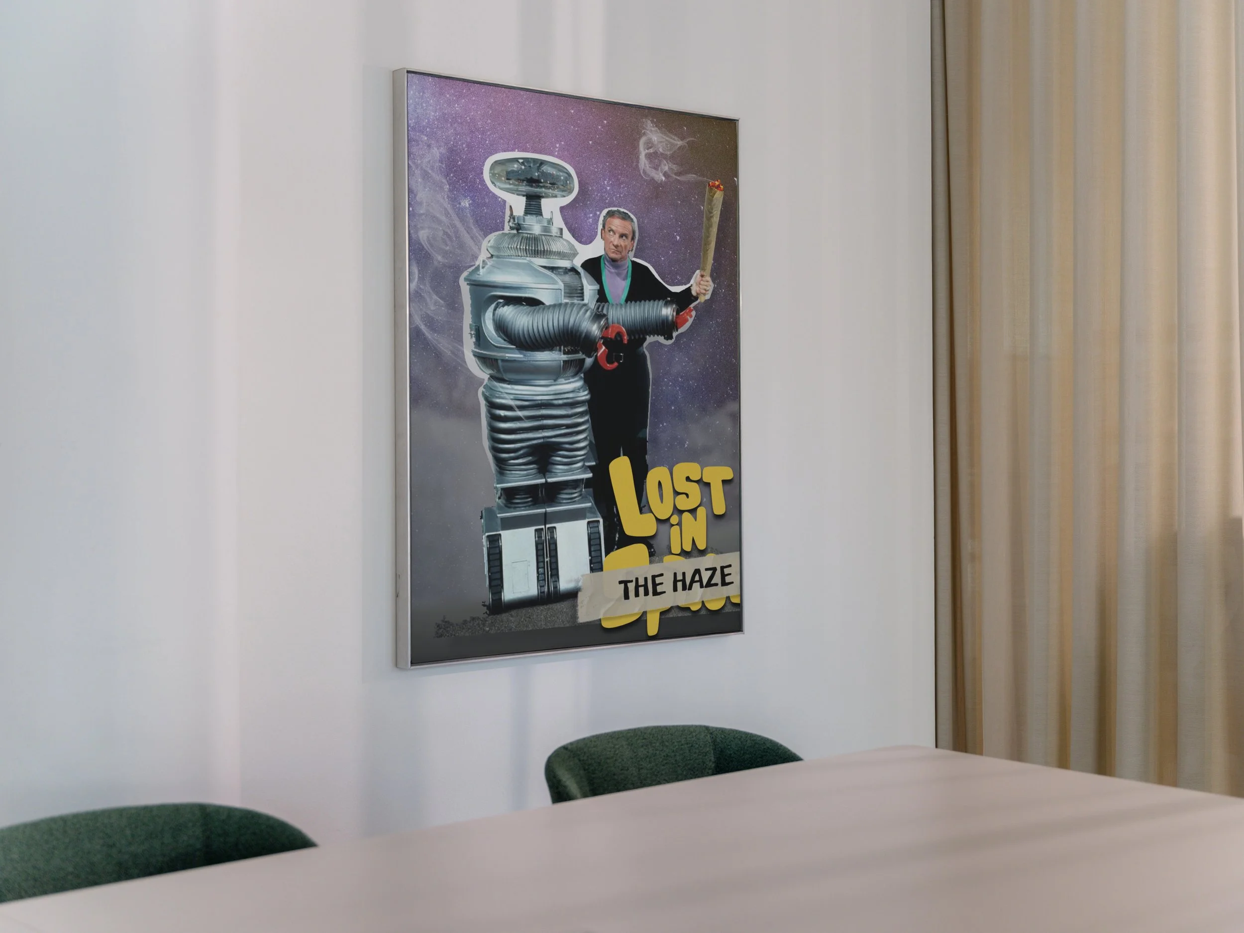 A colorful poster on a white wall shows a vintage-style robot and a man holding a lit cigarette with smoke. The poster has the text "Lost in the Haze".