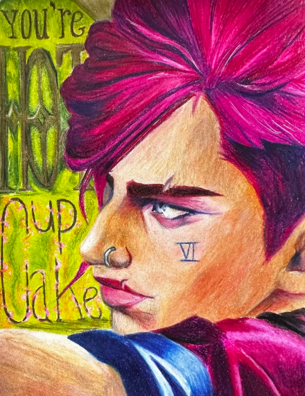 Colorful drawing of a woman with pink hair, nose ring, and tattoo of Roman numeral VI on her cheek, with a neon green background containing handwritten pink and yellow text.