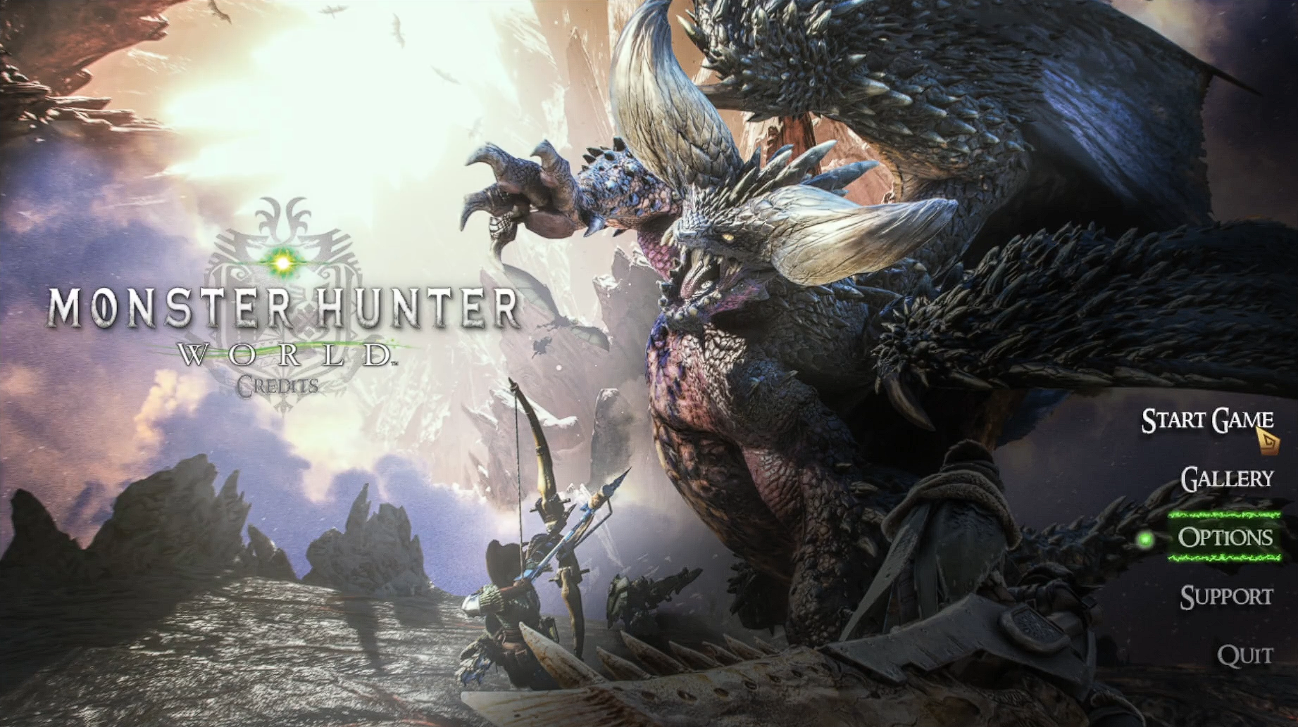 Title screen of Monster Hunter: World game showing a large dragon-like creature with a hunter aiming a bow at it in a rugged landscape.