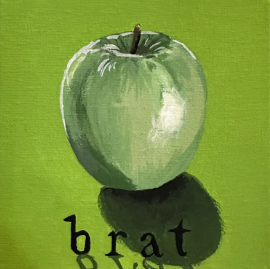 Green apple with a shadow on a bright green background, with the word 'brat' partially visible underneath.