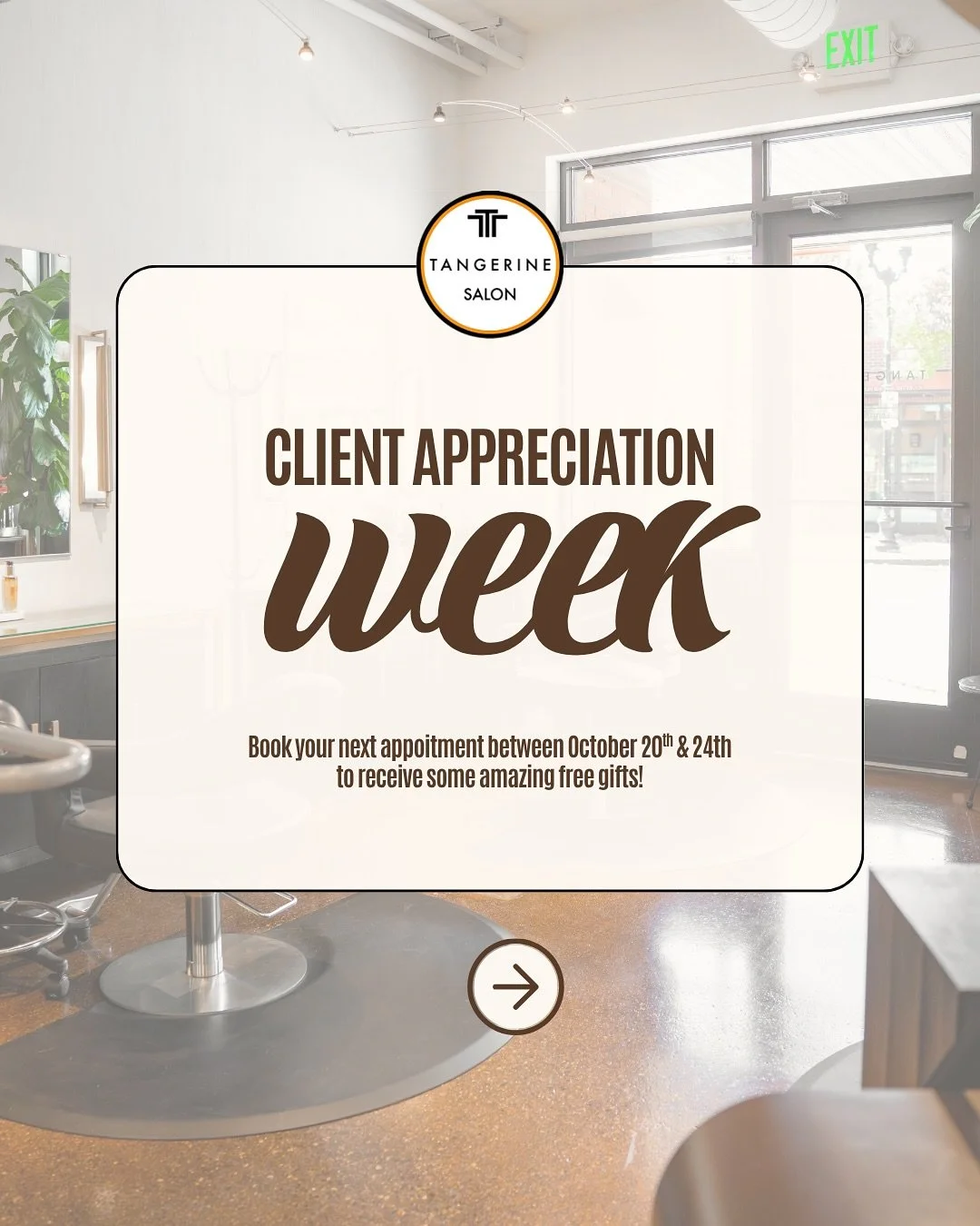 ✨ Client Appreciation Week at Tangerine ✨
October 20th &ndash; October 24th

This one&rsquo;s for YOU 🧡 We&rsquo;re so grateful for every guest who chooses Tangerine, and we want to spoil you all week long:

💆&zwj;♀️ Monday (10/20): Complimentary F