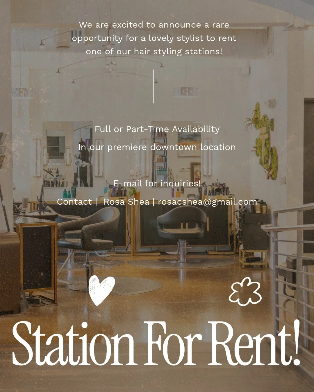 ✨We have limited availability for a lovely stylist to rent one of our hair styling stations! Full time or part time availability. Email for inquiries! ✨
Contact: rosacshea@gmail.com