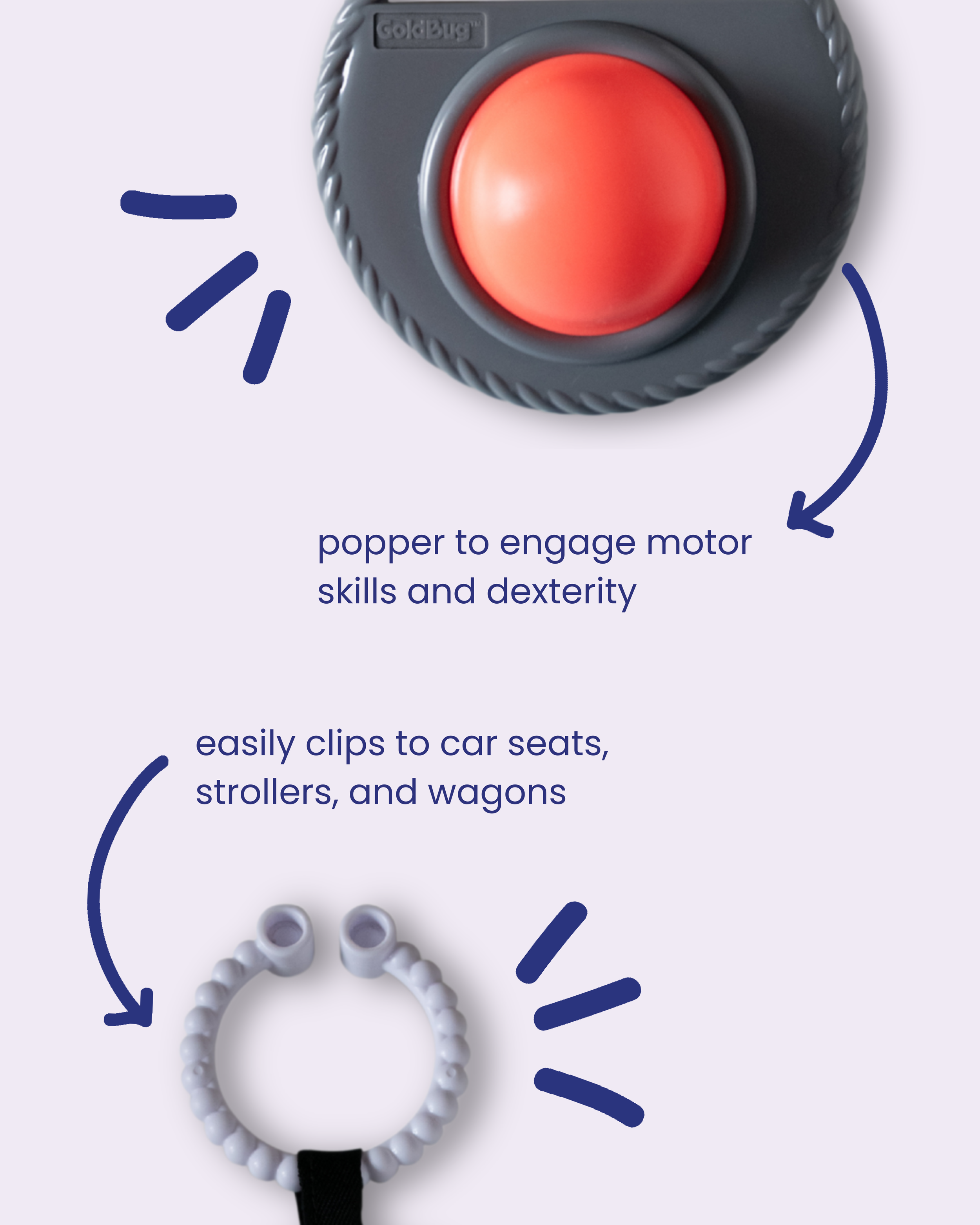 An infant teether with a large red silicone "pop" button and a clip to attach to car seats, strollers, or wagons.