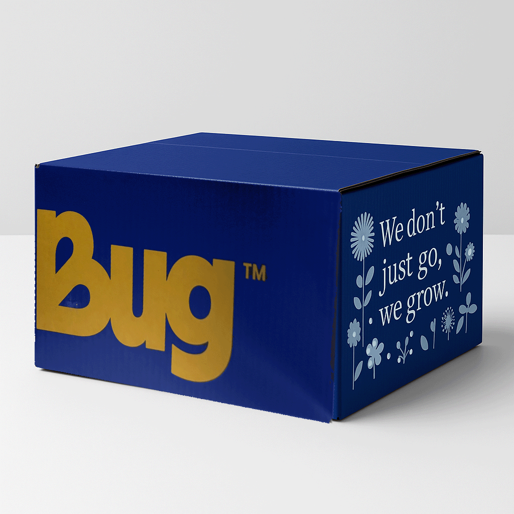 A blue cardboard box with the word "Bug" in large yellow letters on the side and the phrase "We don't just go, we grow." on the other side, surrounded by decorative flowers.