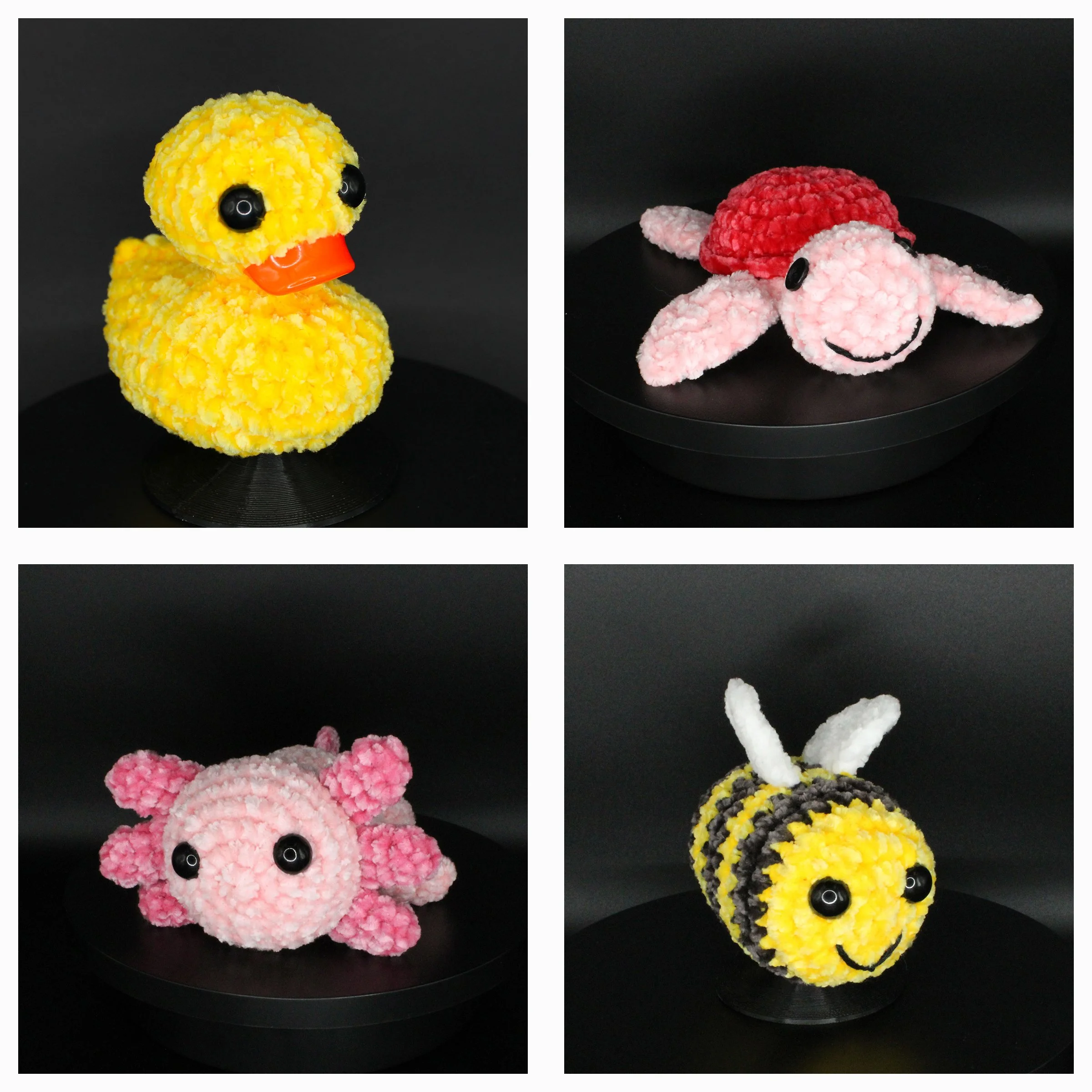 Four plush animal toys resembling a duck, a sheep, a pig, and a bee, on black circular stands against a black background.