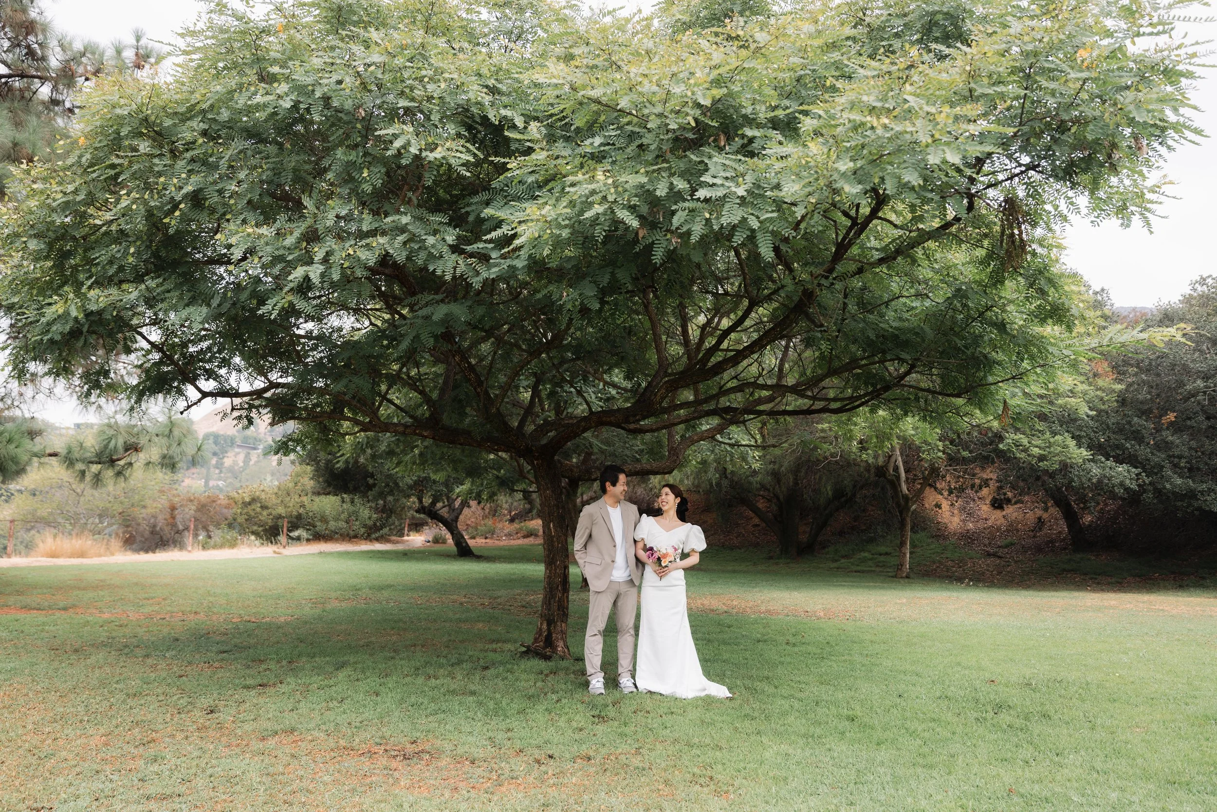 木の下で撮影された、結婚式と思われる夫婦の写真。夫はグレーのスーツ、妻は白いドレスを着ている。