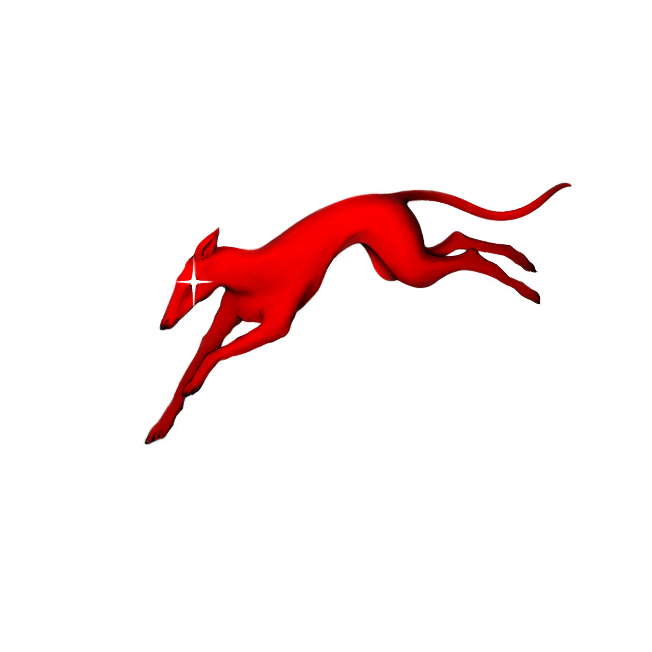 A digitally rendered red hound with white spark in the eye.