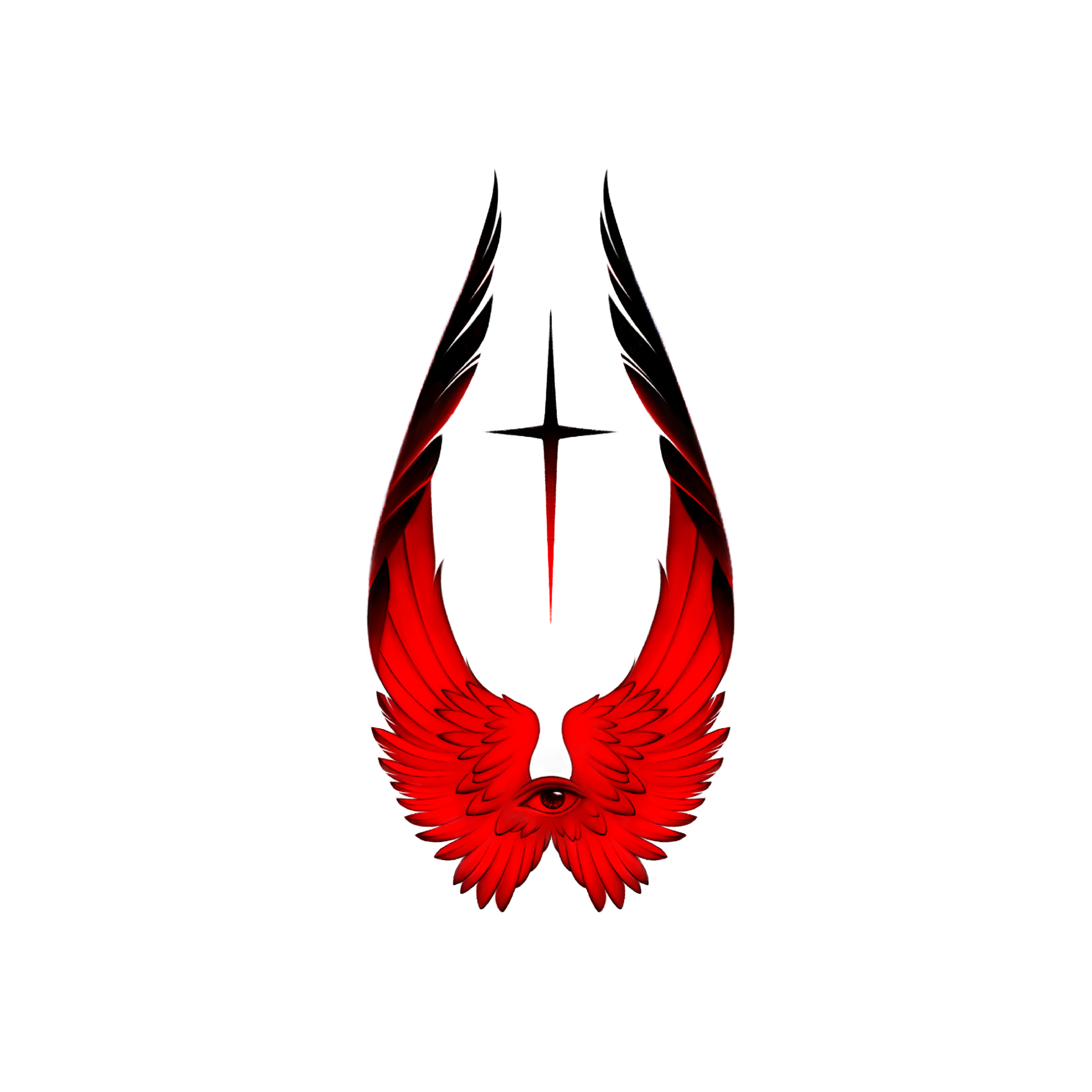 An intricate and colorful tattoo design featuring a large eye at the bottom, surrounded by red and black feathers forming a symmetrical pattern, with a stylistic set of elongated shapes and lines extending upward.