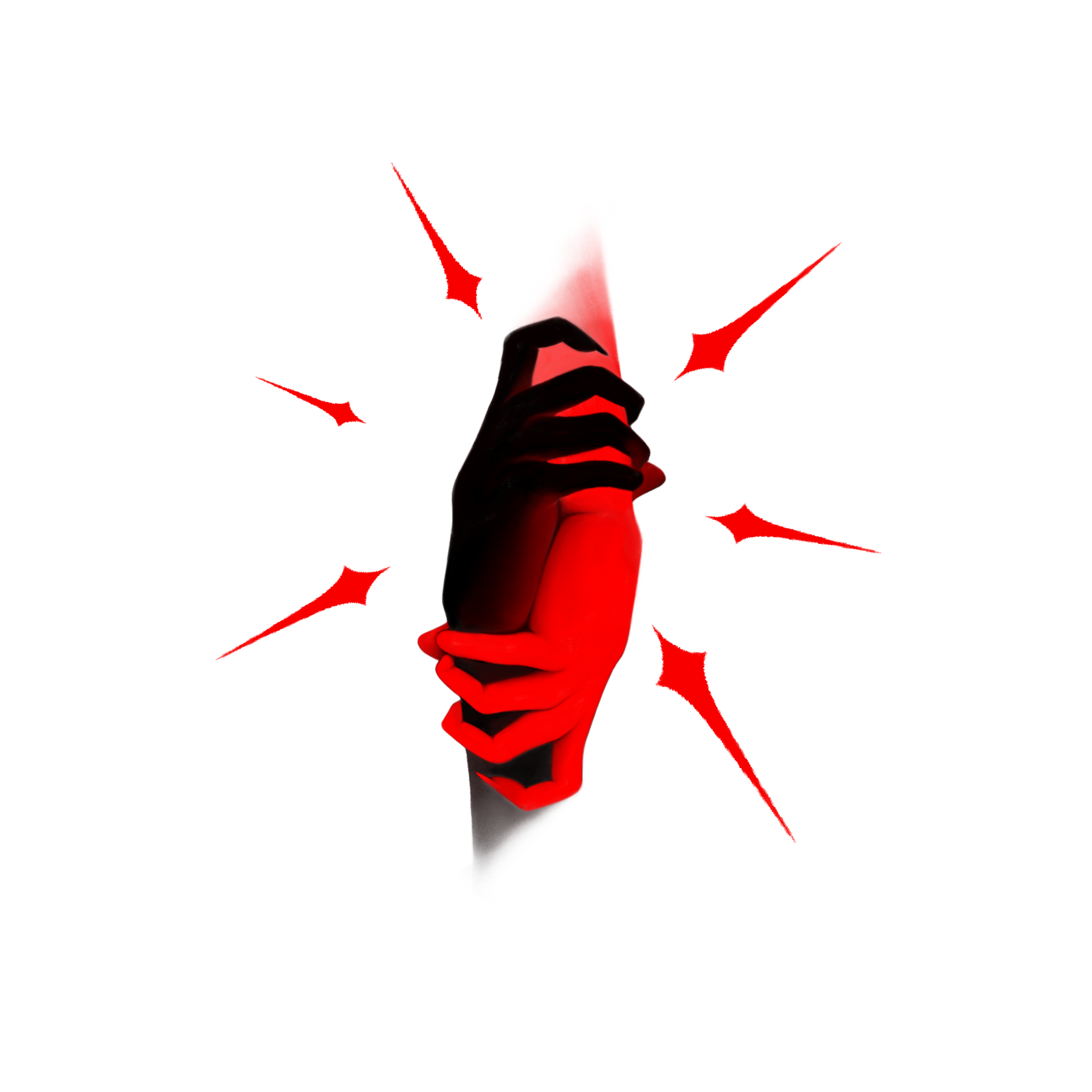 A black hand holding a red hand, pointed with  red arrows on the back tattoo flash.