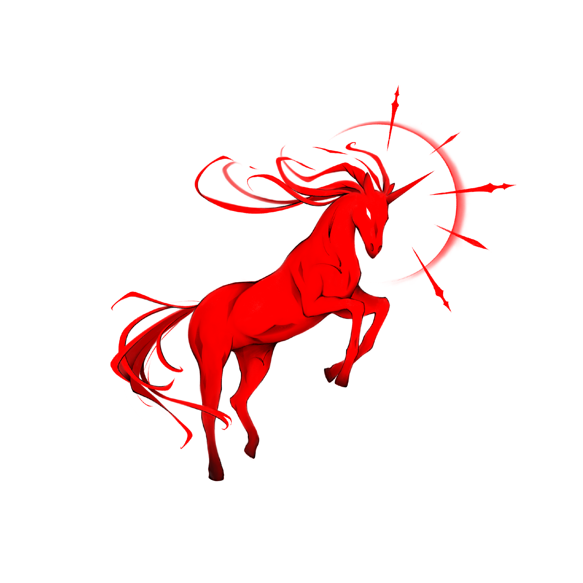 Red horse with a flowing mane and tail tattoo flash.