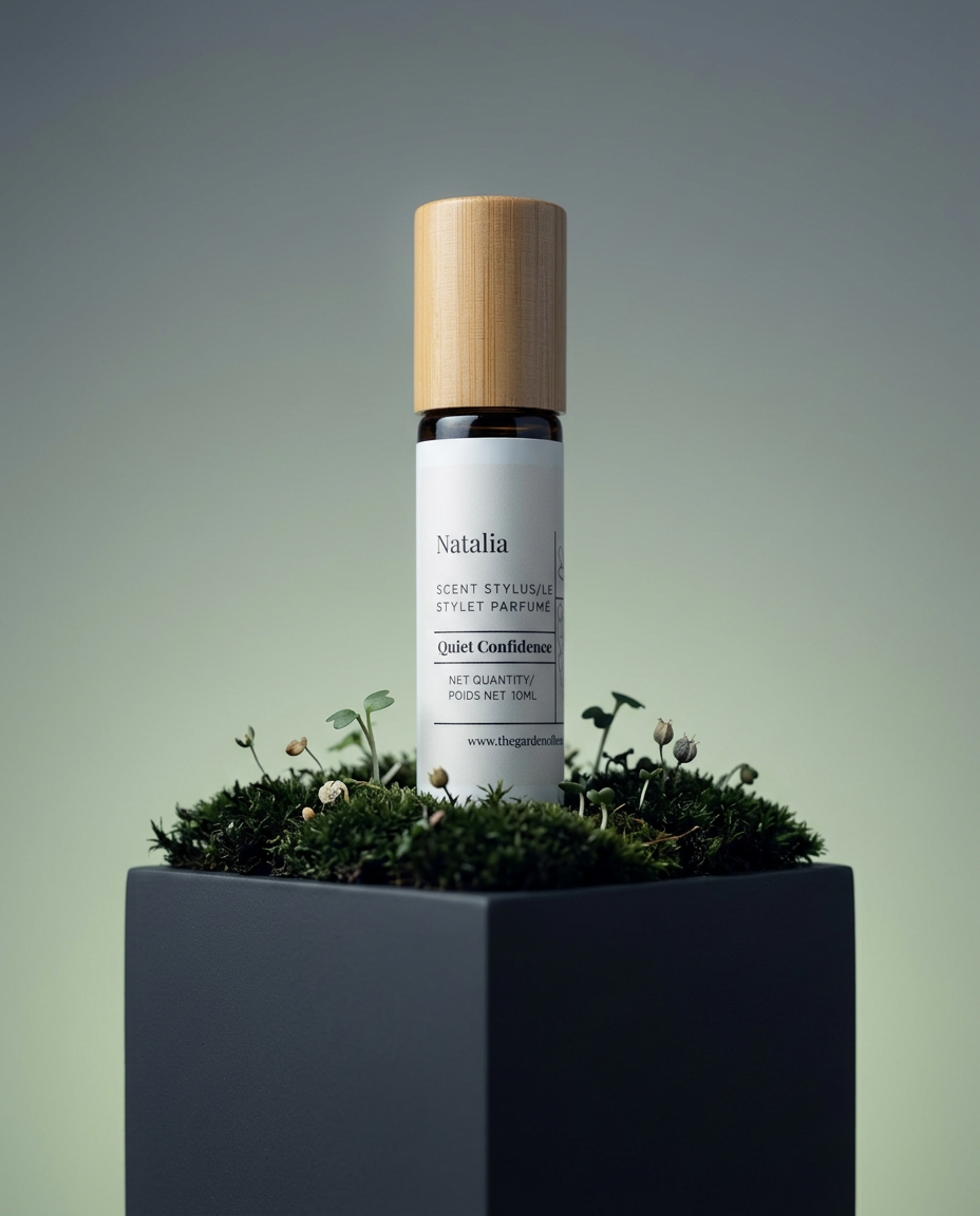 Natalia aromatherapy roller with juniper berries, cardamom pods, and patchouli leaves on wooden surface